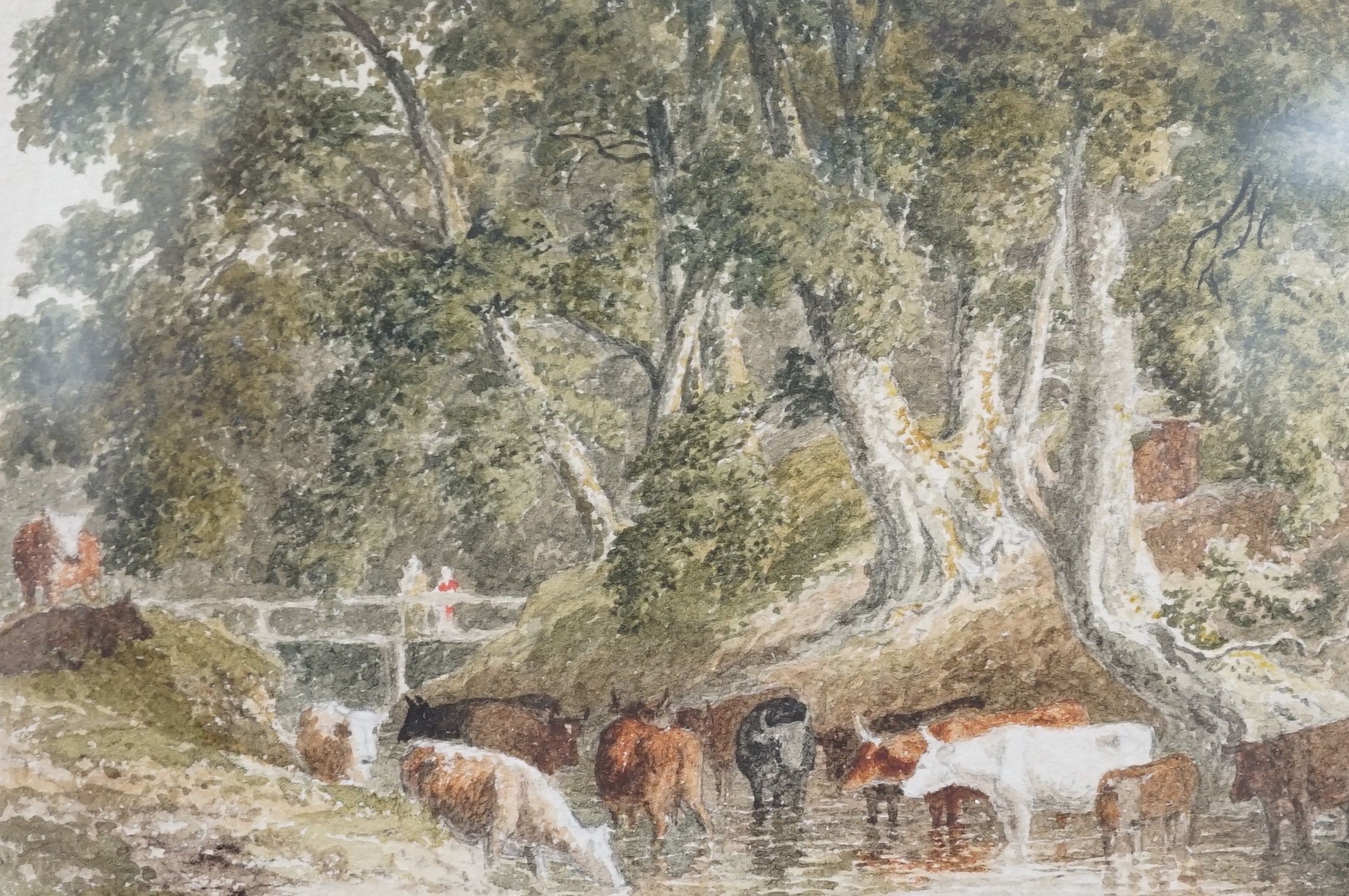 Robert Hills (1764-1844), watercolour, Cattle watering in a stream, 8.5 x 12.5cm